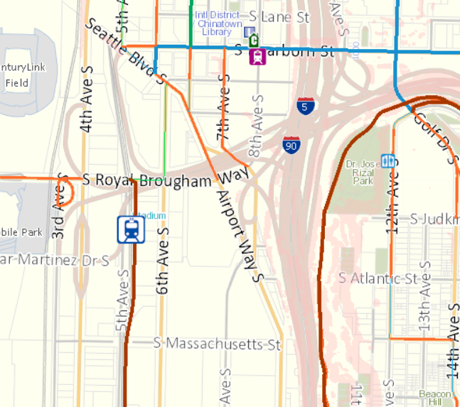 A map showing both the SoDo trail and Airport Way and the Dearborn Street bike lane several blocks away