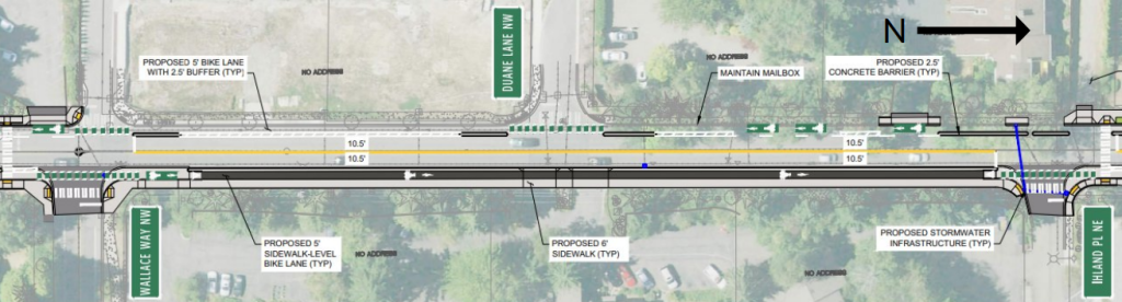 Raised bike lane on one side, buffered bike lane on the other