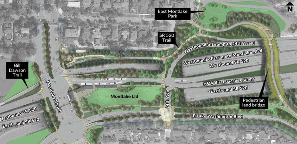 Rendering of future lid and expanded 520 with land bridge, and underpass to Bill Dawson trail