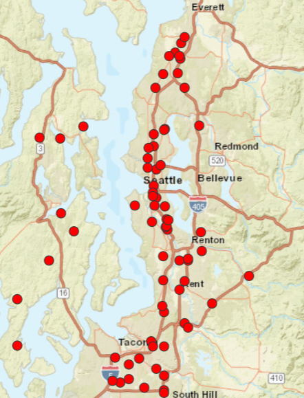 A map showing red dots all over the region from Everett to Tacoma and on Kitsap