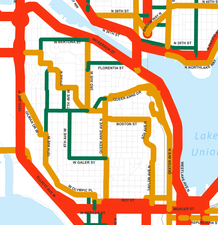 A map of street types in Queen Anne, with Florentia in green filling in between 3rd Ave W in brown and Nickerson Street in red