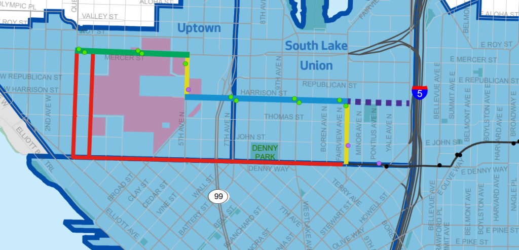 Map showing South Lake Union with most of the route 8 in red, and the new alignment of the bus along Harrison Street and Mercer in different colors