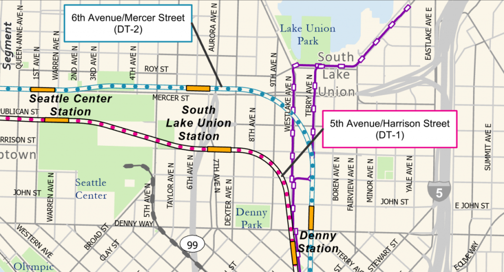 Map showing two alternative lines for Ballard Link through South Lake Union, with one passing through Harrison and the other Mercer