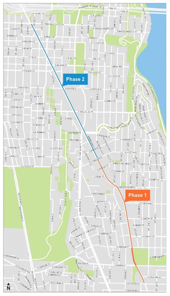 Map showing two segments of Rainier bus lane, phase 1 in the south and phase 2 in the north