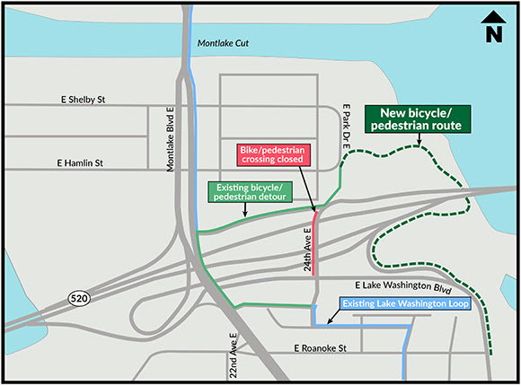 Map of the bike and pedestrian route that will be closing forever until the land bridge route reopens