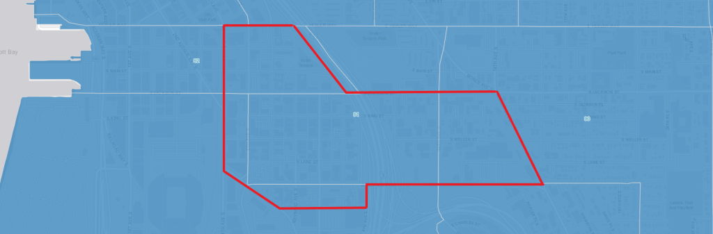 A map with census tracts and an outline of the CID.