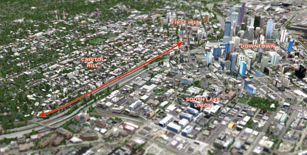 A map showing an aerial view of the west end of Capitol Hill and Downtown and South Lake Union with Melrose Promenade identified in red. 