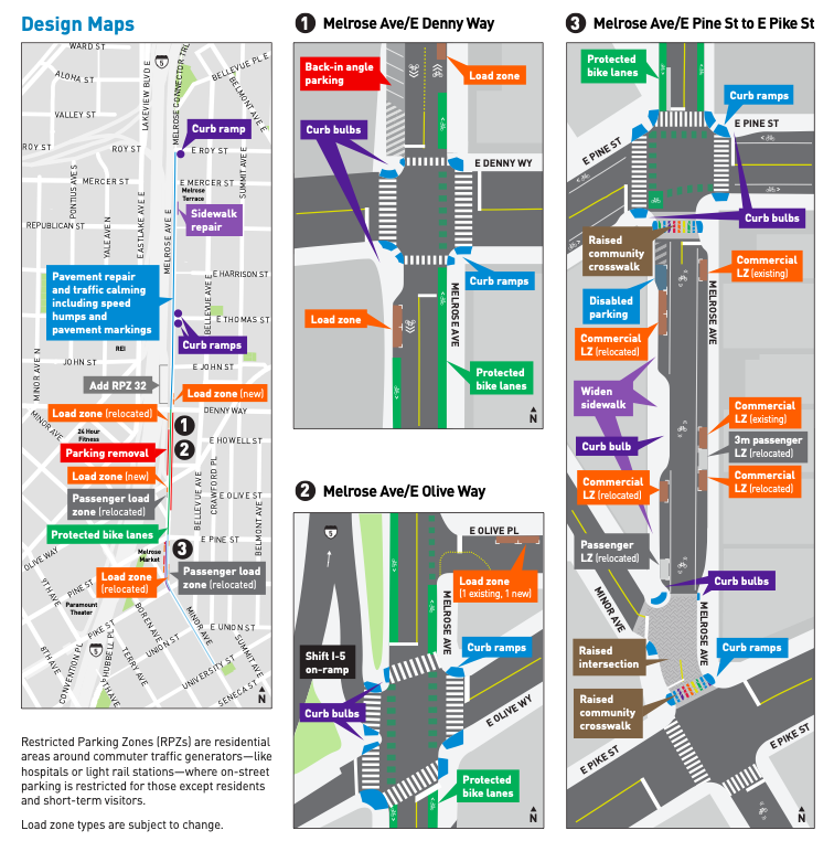 Design maps illustrating the three stages of improvements. Stage 1 = Melrose Ave/E Denny Way, Stage 2 = Melrose Ave/E Olive Way, Stage 3 = Melrose Ave/E Pine Street to E Pike Street