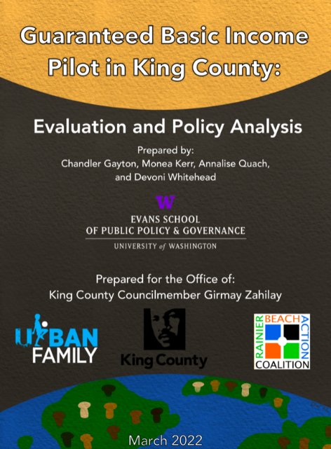 a report cover for a south king county guaranteed basic income pilot evaluation and policy analysis