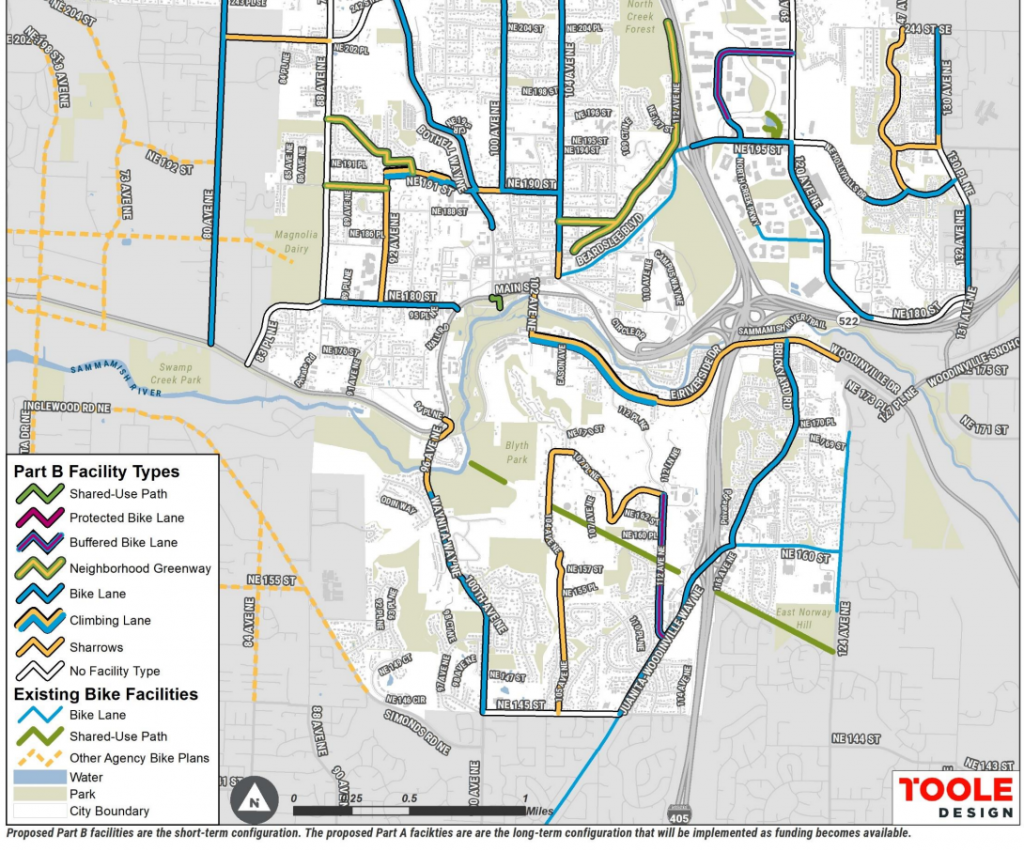 A map showing planned paint bike lanes and sharrows around Bothell, with no protected bike lanes shown