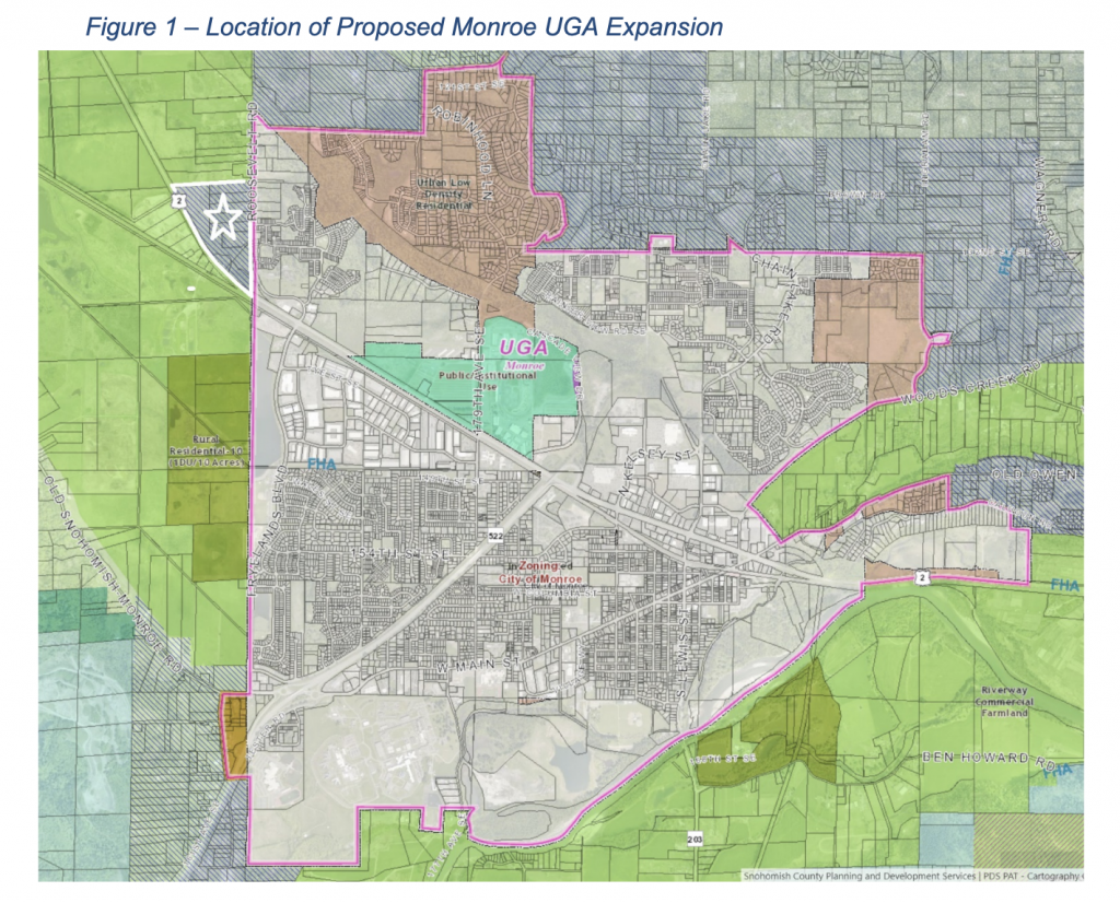 The map shows a UGA expansion near Monroe to the northwest. (Credit: Snohomish County)