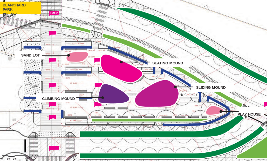 A blueprint showing various mounds as envisioned at the Blanchard Park playground