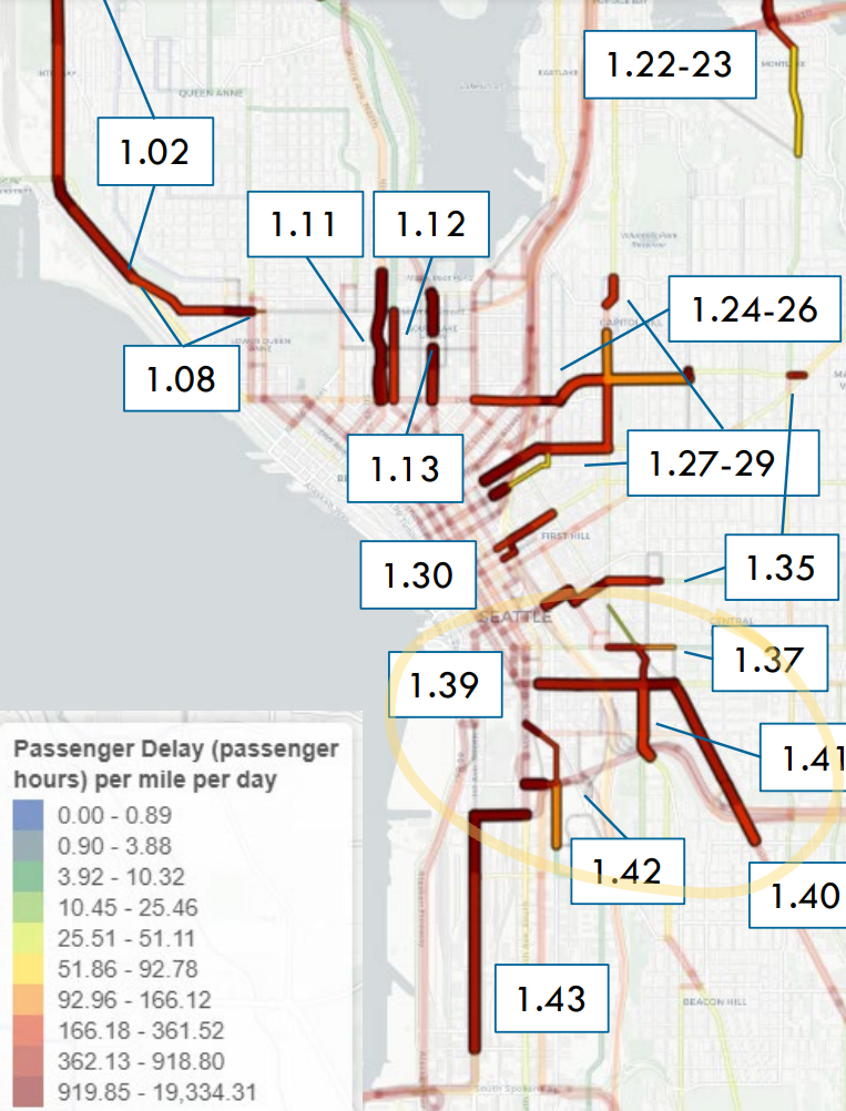 A map showing passenger delay on major transit corridors in Downtown Seattle and nearby neighborhoods. 
