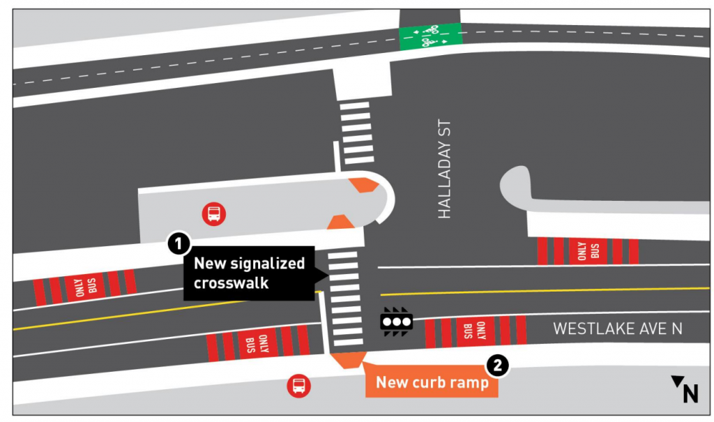 A blueprint showing a new crosswalk and signal at Halladay Street