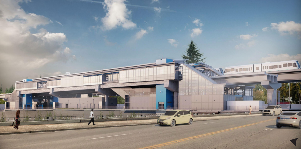 A view of 130th Street Station from the i-5 overpass with the existing narrow sidewalk still shown