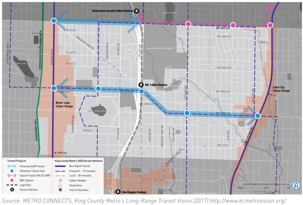 A map showing a dark blue line for transit on 130th, Roosevelt Way and 125th Street