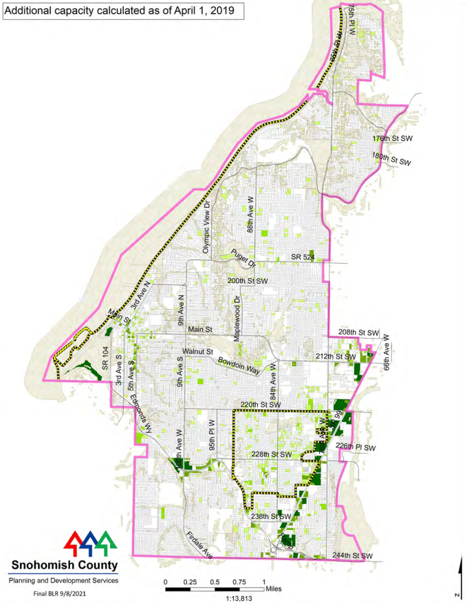 A map showing the buildable lands in Snohomish county indicated in light and dark green. 