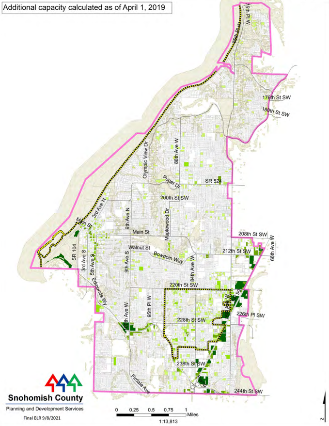 A map showing the buildable lands in Snohomish county indicated in light and dark green.