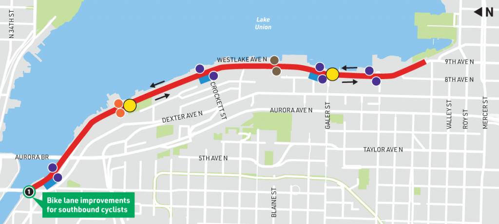 A map of Westlake Ave showing current stops with the proposed closure and new stops