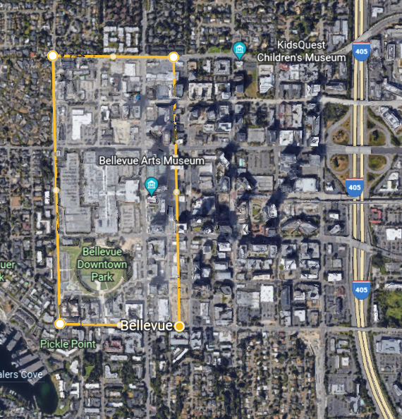 Map of Bellevue with area of parking construction overlaid.