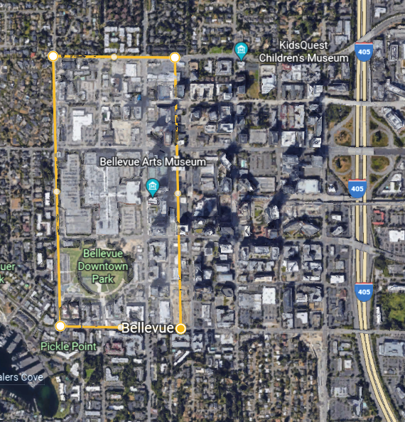 Map of Bellevue with area of parking construction overlaid. 