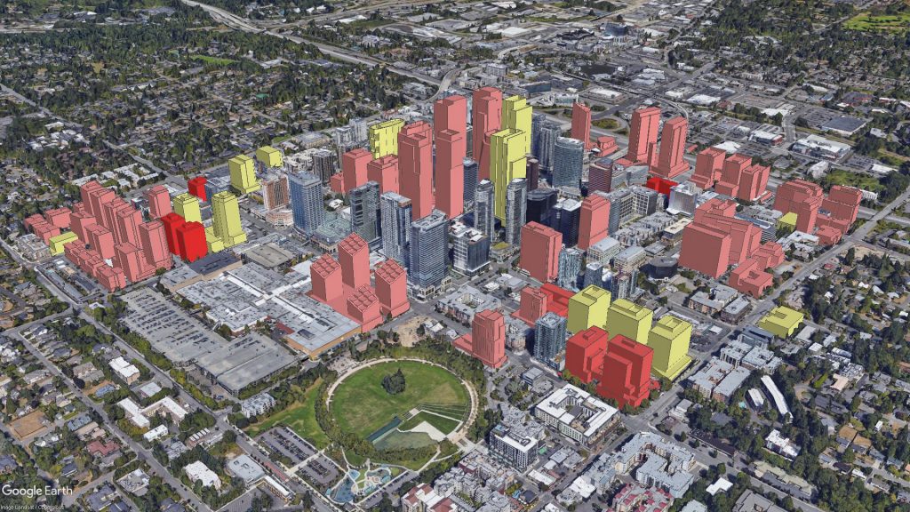 An older rending of Downtown Bellevue with projects superimposed on it. 