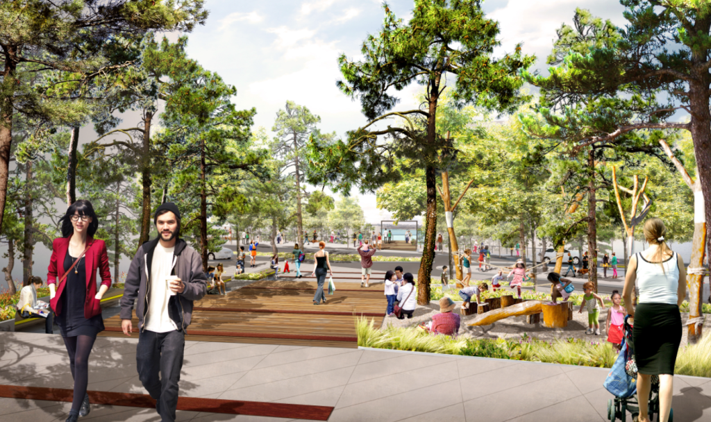 A rendering of people enjoying a park, with tall native trees and kids climbing over playground equiment