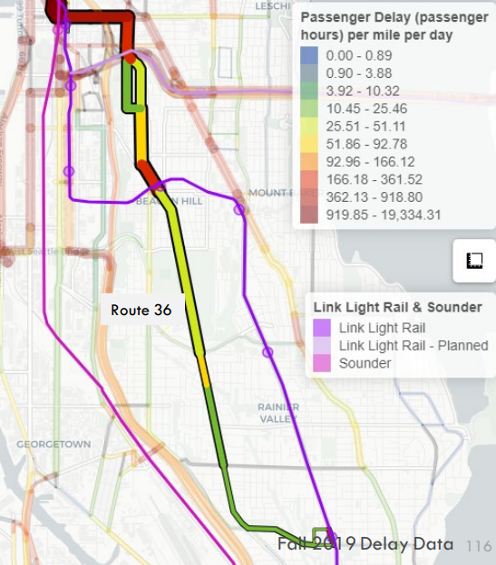 Map of the Route 36 with different segments highlighted showing heavy delay: segments close to downtown and around Beacon Hill Station