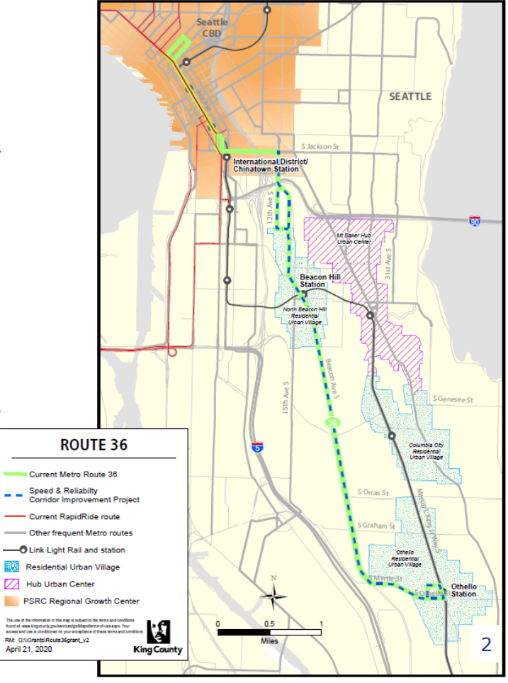 Map of the Route 36 with Seattle's urban villages highlighted