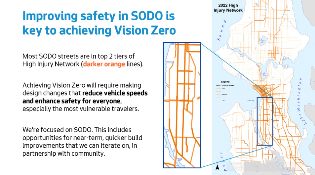 A presentation slide showing streets in SoDo highlighted as part of the citywide street grid, with many high injury streets in D2 as a whole