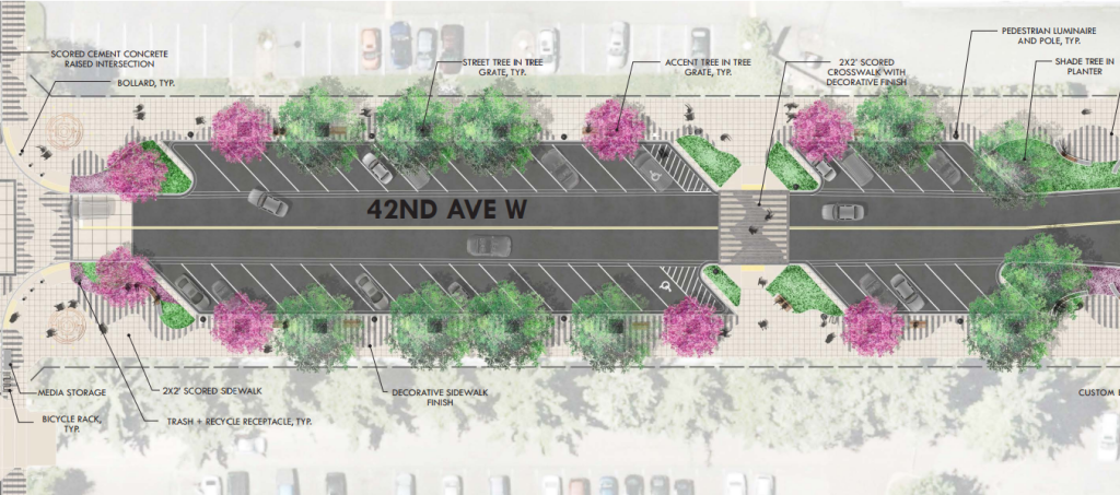 Arial rendering of a new street with back angle parking, one travel lane and wider sidewalks with raised crossings at the intersection and midblock.