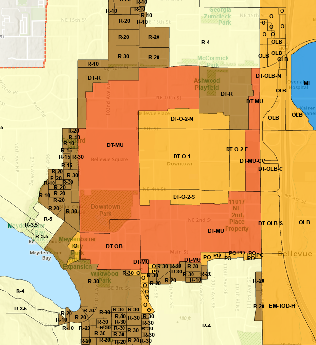 Bellevue's zoning map, focused in on Downtown