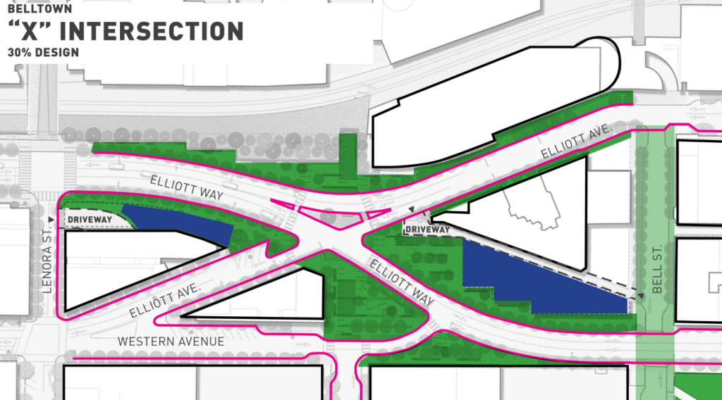 A blueprint showing the X intersection where Elliott Way and Elliott Ave connect and the areas around those streets highlighted for public benefits