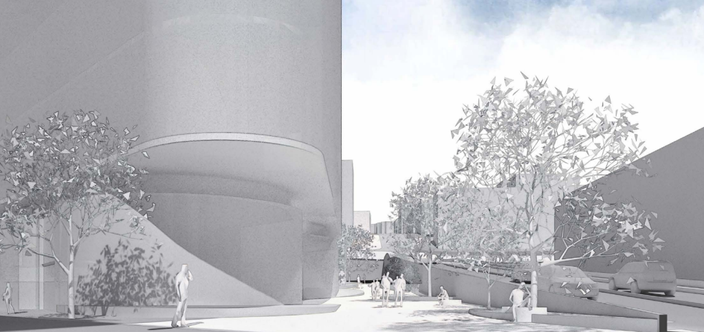 A rendering of a pedestrian street near a tall building.