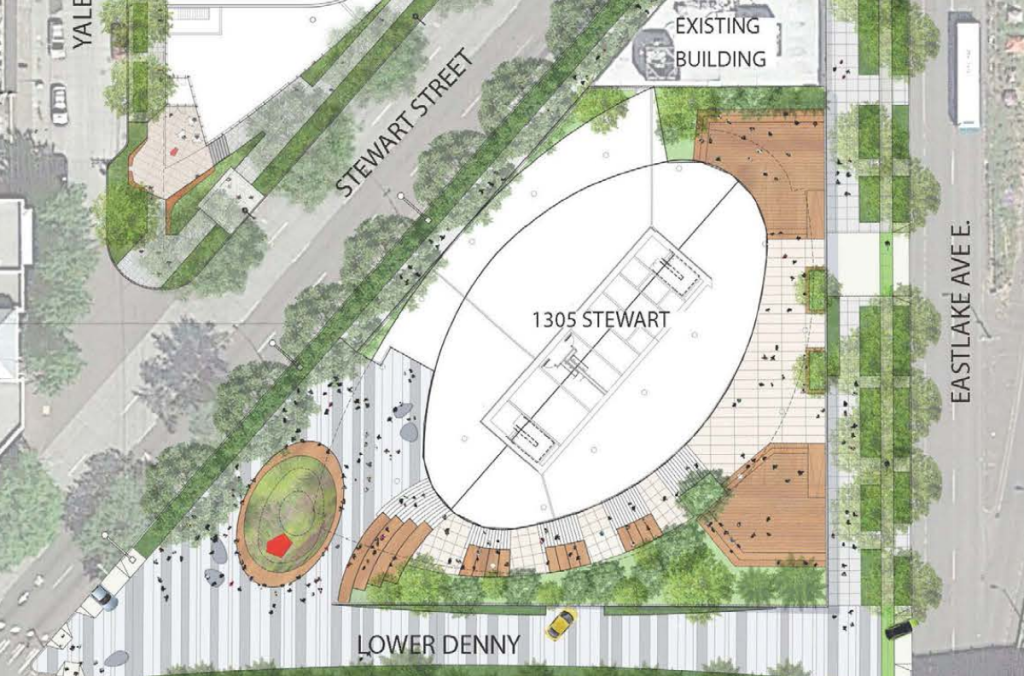 A map showing the new proposal for 1305 Stewart Street which includes a pedestrian street at Lower Denny Way.