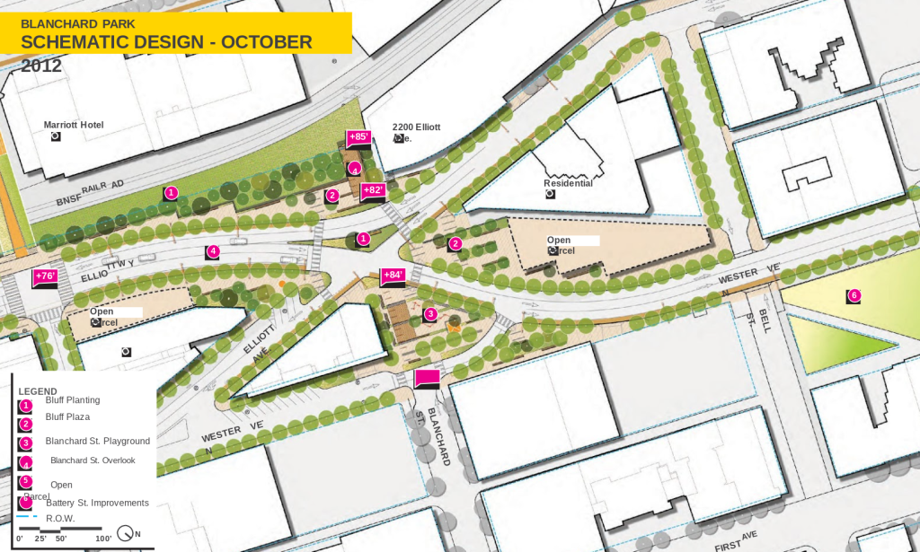 A blueprint showing the planned Blanchard Park, Overlook, and several other open parcels