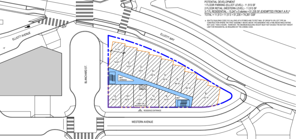 The site of Blanchard Park with the street still intact and 13 homes on one floor of the property shown in outline