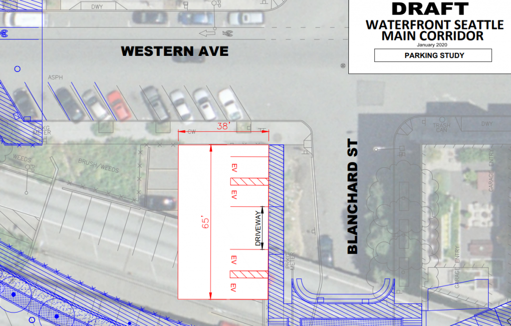 A blueprint showing four EV charging spaces on the Blanchard Park property with the street untouched