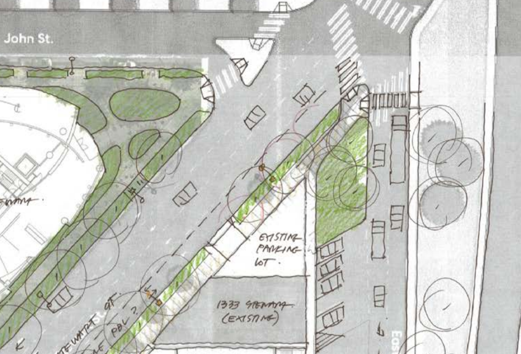 A sketch if the Stewart Street intersection with a parklet indicated to the north. 