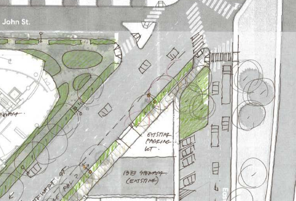 A sketch if the Stewart Street intersection with a parklet indicated to the north.