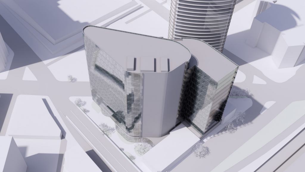 A rendering of three talk office towers of different heights grouped together. 
