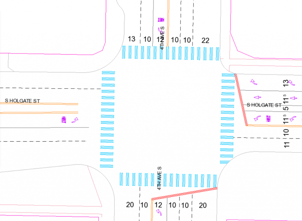 A blueprint of the wide intersection at 4th and Holgate with many lanes on each leg, some of which 20 feet wide