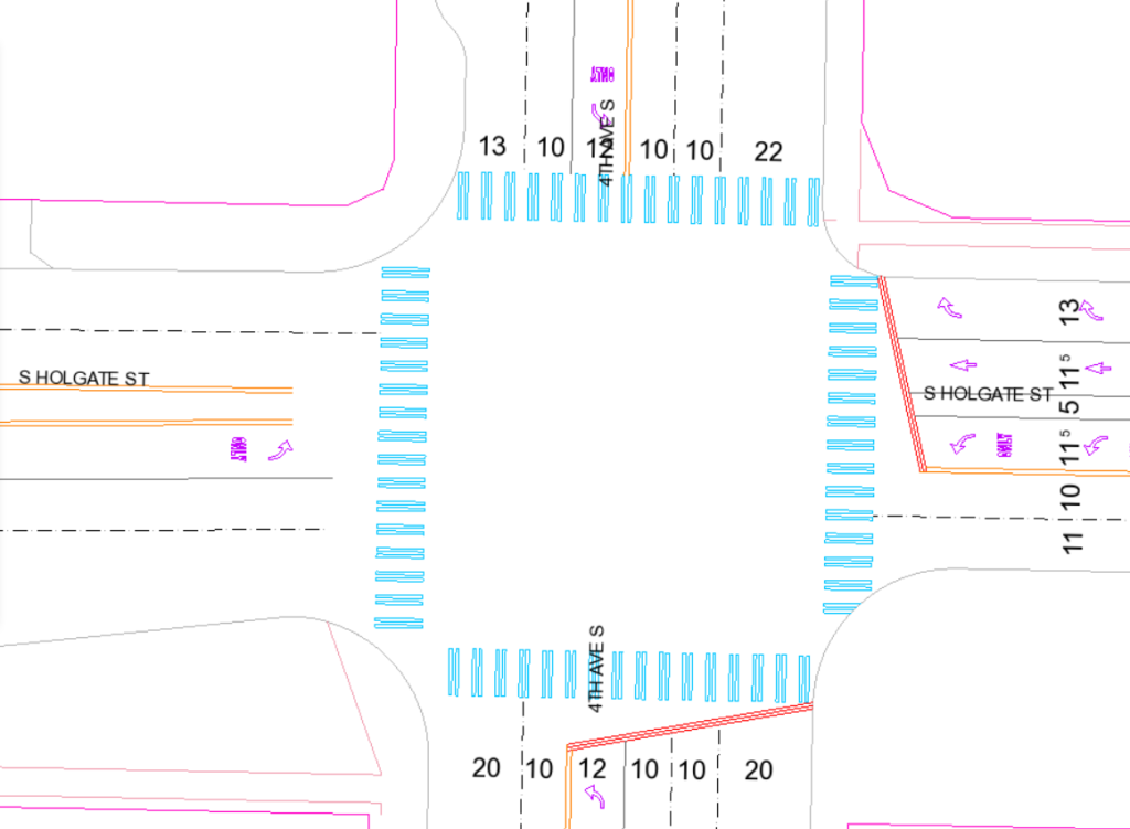 A blueprint of the wide intersection at 4th and Holgate with many lanes on each leg, some of which 20 feet wide