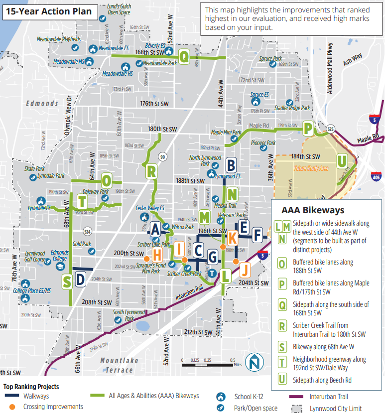 15 year vision includes a few bikeways including 44th Ave W and 68th Ave W but almost no east west connections