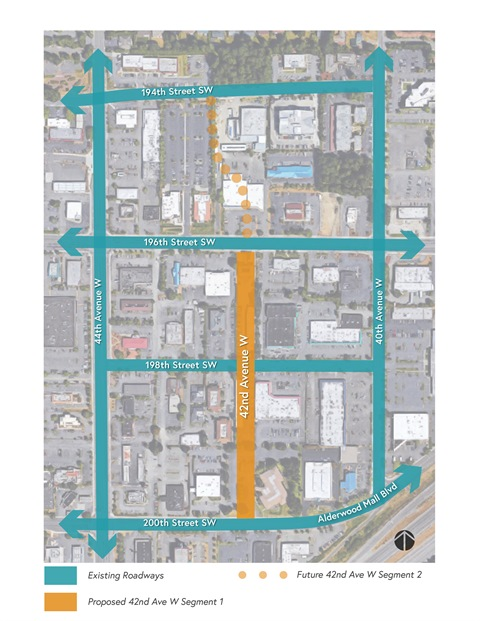 Map showing where 42nd Ave W will be added between Alderwood Mall Boulevard and 196th Street
