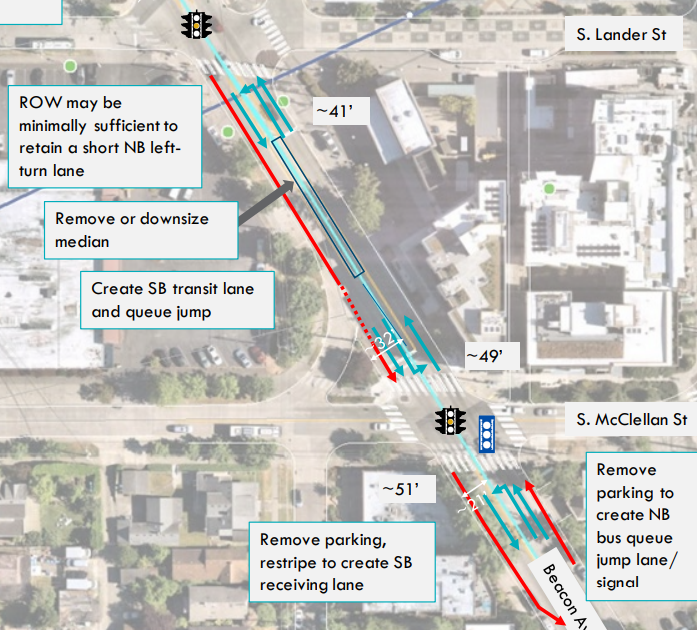 Map of Beacon Ave between Lander and McClellan showing potential changes