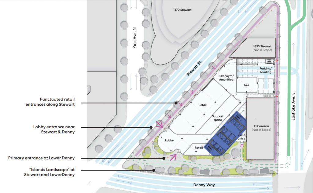 A map showing Stewart Street, Denny Way, and Eastlake Avenue E with the previous proposal development indicated. 