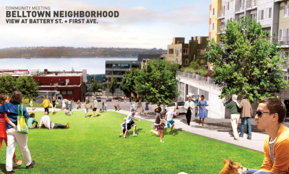 A 3D rendering of people hanging out on a lawn with the label "Community Meeting Belltown Neighborhood view at Battery Street and First Ave"