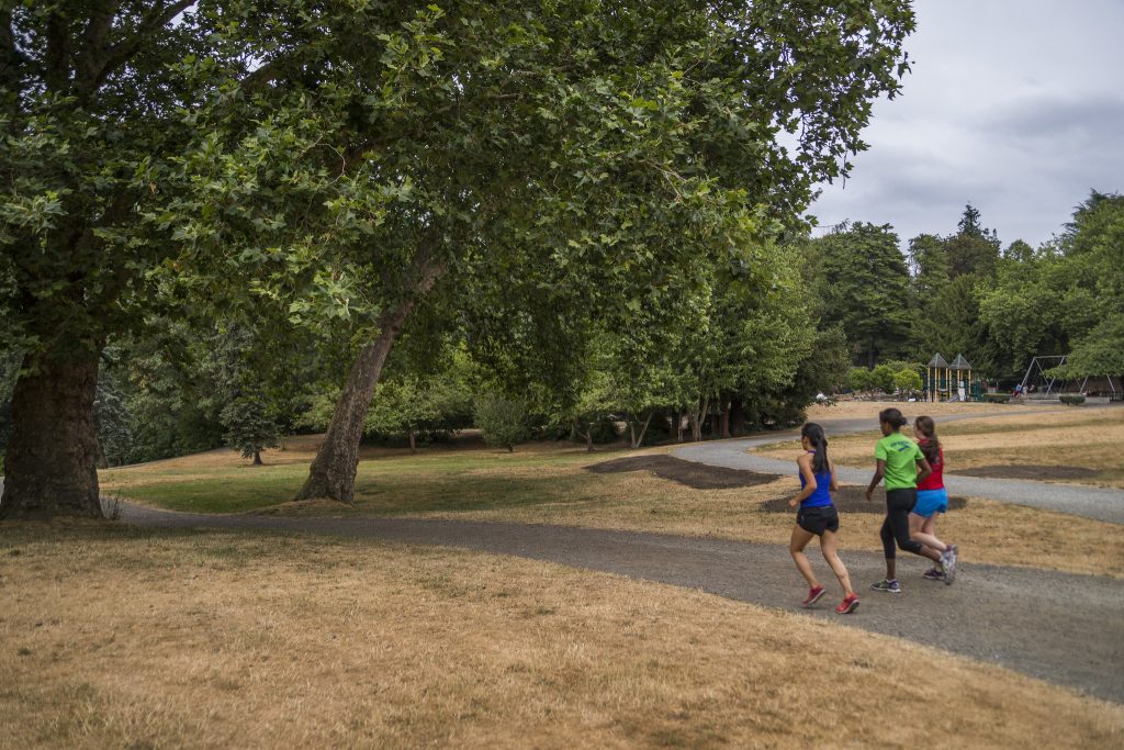 Three women jog on a gravel trail.