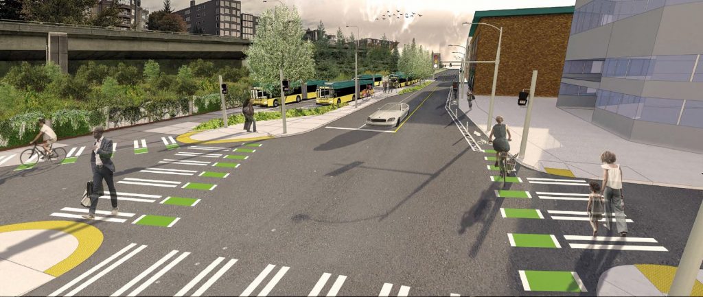 A 3D rendering of Eastlake Ave at Roy Street with buses laying over off street, people walking and biking and a driver in one of the three travel lanes on the street